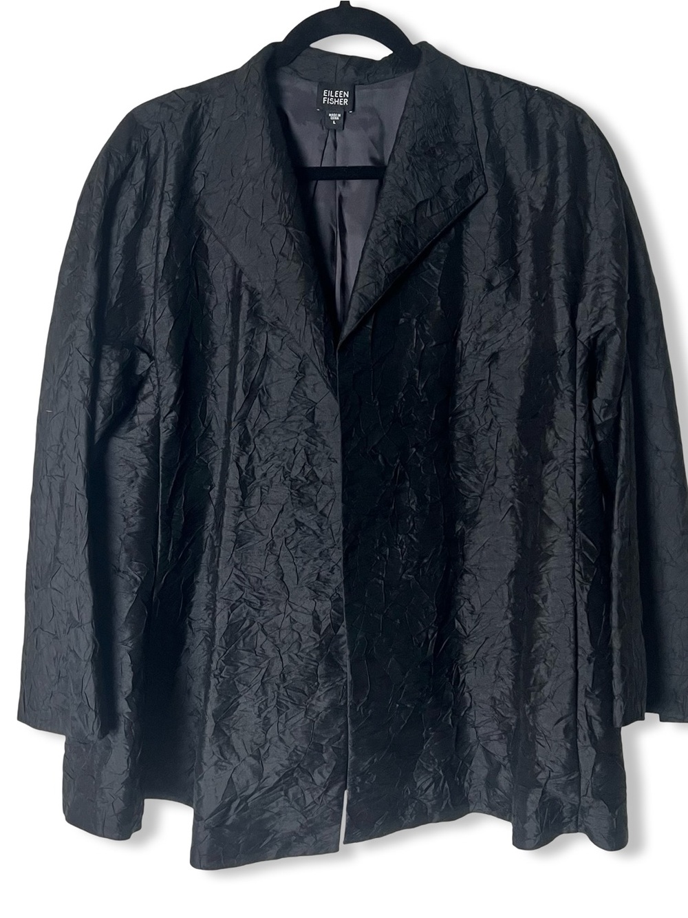 Eileen Fisher Black Crinkled Silk Open Front Swing Jacket Opera Minimalist Sz. L